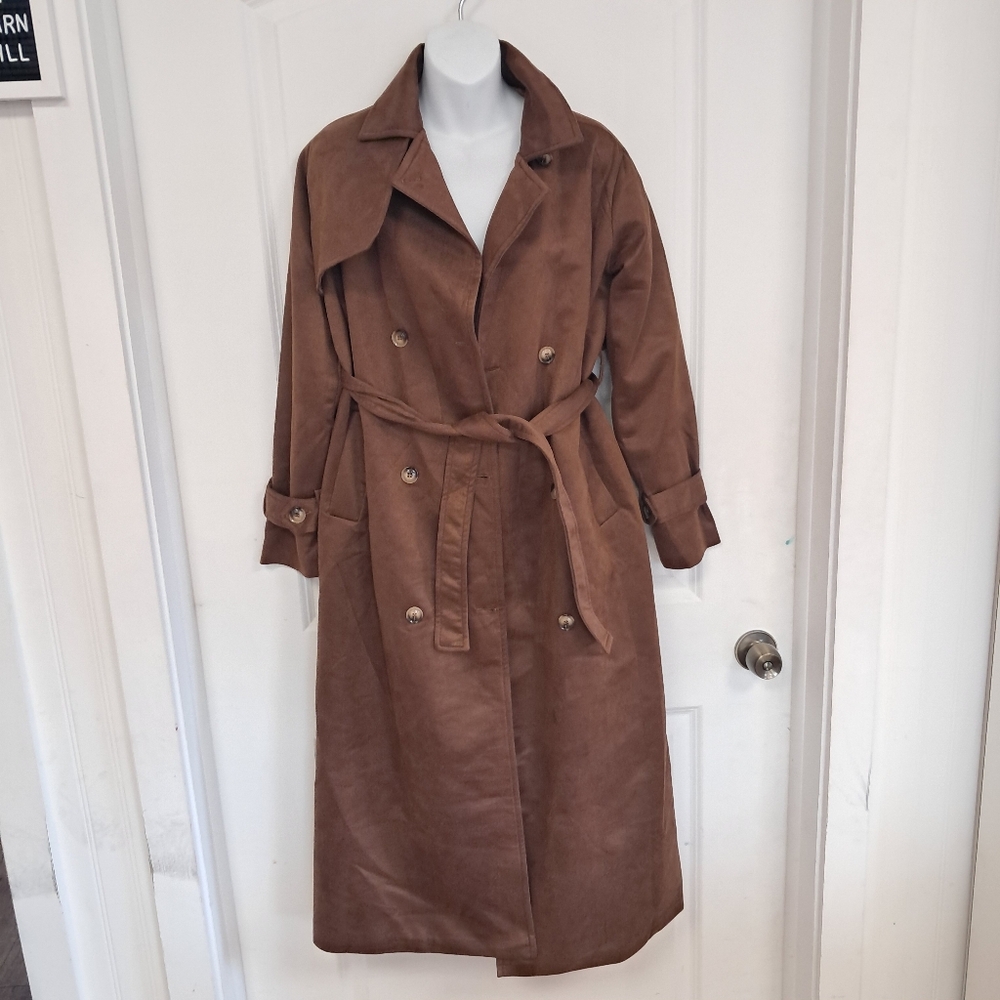 Brown Double-Breasted Women's Trench Coat - Faux Suede